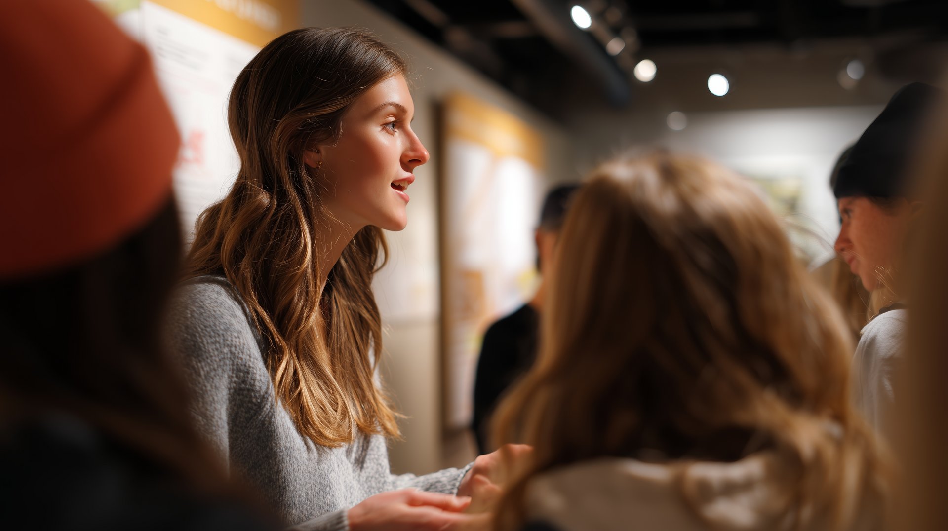Young guide engages audience with informative talk in museum gallery during evening event Zwiedzanie pałacu i Izby Pamięci UŁ