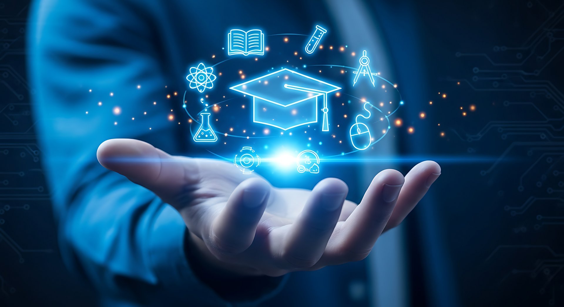 Unlock global learning possibilities with digital education icons floating above an open hand Pałac - nauka, badania, edukacja